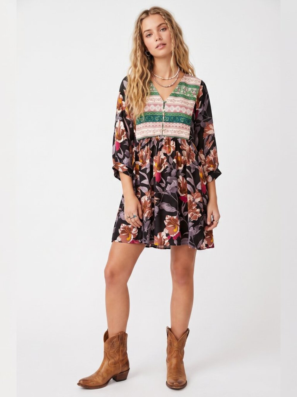 Jardin by Macris Boho Mixed Floral Print Babydoll Mini Dress - Large